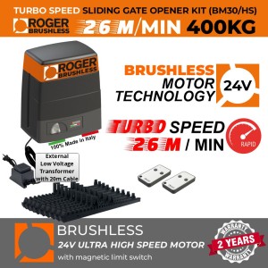 Turbo-Speed Sliding Gate Opener Kit | 100% Italian Made by Roger Technology BM30 HS BRUSHLESS High Torque Sliding Gate Automation System. Ultra High-Speed 100% Duty Cycle 400kg Brushless Engine With Magnetic Limits and Weatherproof External 24V Transformer with 20m Low Voltage Cable