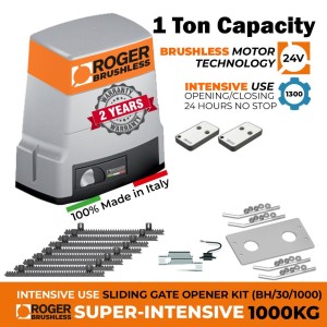 1000 KG Sliding Gate Opener Kit with 100% Italian Made by Roger Technology BH30 Brushless Sliding Gate Automation. 100% Duty Cycle, High Torque Brushless Technology Super Intensive Use Sliding Gate Motor, 1 Ton Capacity Rolling Engine With Magnetic Limits