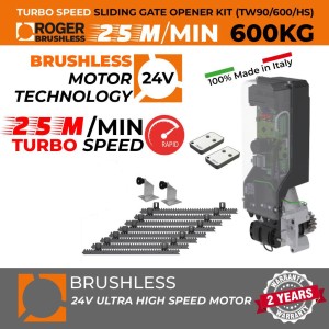 Invisible Sliding Gate Operator | In-Post Sliding Gate Opener Kit | Suitable to Install Inside 150mm x 150mm Post, No Limits Required | Turbo Speed Brushless Sliding Gate Motor |100% Italian Made by Roger Technology TW90/600/HS Sliding Gate Automation System. 100% Duty Cycle 600kg Brushless In-Post Invisible Sliding Gate Motor