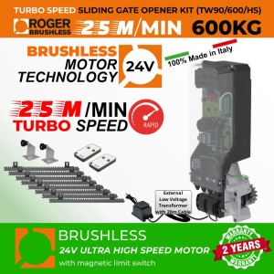 Invisible Sliding Gate Operator | In-Post Sliding Gate Opener Kit With Weatherproof External 24V Transformer with 20m Low Voltage Cable | Suitable to Install Inside 150mm x 150mm Post, No Limits Required | Turbo Speed Brushless Sliding Gate Motor |100% Italian Made by Roger Technology TW90/600/HS Sliding Gate Automation System. 100% Duty Cycle 600kg Brushless In-Post Invisible Sliding Gate Motor