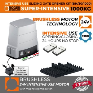 1000 KG High Torque Brushless Sliding Electric Gate Opener Kit |100% Italian Made by Roger Technology BH30 Sliding/Roller Gate Automation System. 100% Duty Cycle, High Torque Brushless Super Intensive Use, 1 Ton Capacity Rolling Engine With Magnetic Limits and Weatherproof External 24V Transformer with 20m Low Voltage Cable