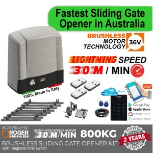 Lightning Speed (50cm/s), Brushless 36V, 800kg, Sliding Gate Opener Wi-Fi Access Control Kit|100% Italian Made by Roger Technology BG30/804/HS Rolling Gate Automation System. Ultra-High ⚡ Speed 100% Duty Cycle 800kg Capacity Brushless 36V Sliding Gate Motor With Magnetic Limits, Remote Controls, Reflective Safety Sensor and APC MONDO Wi-Fi Keypad Smart Access Control