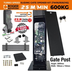 Invisible Sliding Gate Operator and 2000mm Gate Post Package | Sleek, Secure, Space-Saving and High Speed Gate Opener Motor Hidden Inside The Gate Post For A Clean, Modern Look. | In-Post Sliding Gate Automation Kit with Custom Designed Gate Post for Italian Made Roger Technology TW90/600/HS Brushless Sliding Gate Motor, No Limits Required | 100% Duty Cycle, 600kg Capacity.