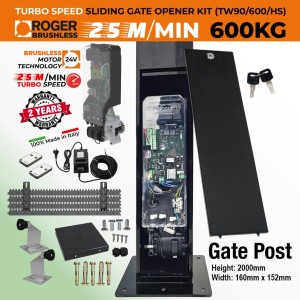 Invisible Sliding Gate Operator and 2000mm Gate Post Package with Weatherproof External 24V Transformer and 20m Low Voltage Cable | Sleek, Secure, Space-Saving, and High-Speed Gate Opener Motor Hidden Inside the Gate Post for a Clean, Modern Look. In-Post Sliding Gate Automation Kit with a Custom Designed Gate Post for Italian-made Roger Technology TW90/600/HS Brushless Sliding Gate Motor, No Limits Required | 100% Duty Cycle, 600 kg Capacity.