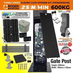Solar Powered Invisible Sliding Gate Operator and 2000mm Gate Post Package | Sleek, Secure, Space-Saving and High Speed Gate Opener Motor Hidden Inside The Gate Post For A Clean, Modern Look. | In-Post Sliding Gate Opener Kit with Standalone Solar Power System and Custom Designed Gate Post for Italian Made Roger Technology TW90/600/HS Sliding Gate Automation.