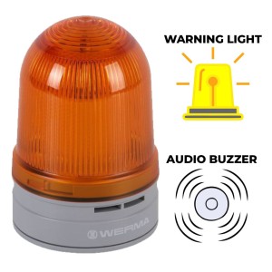 The WERMA D85 Flashing Warning Light With Rotate / Flash / Blink / Sounder / Buzzer is a visual and audible signalling device that combines a beacon with a sounder, operating on a 24V DC power supply. | Rating IP66 |