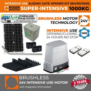 Solar Powered BRUSHLESS Sliding Gate Opener Standalone Off-Grid Kit 1000 KG |100% Italian Made by Roger Technology BH30 Sliding/Roller Gate Automation System. 100% Duty Cycle, High Torque Brushless Super Intensive Use, 1 Ton Capacity Rolling Engine With Magnetic Limits Remote Controls and Reflective Safety Sensor