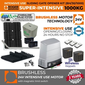 Solar Powered Brushless Sliding Gate Opener Standalone Off-Grid Super Secure Kit 1000 KG |100% Italian Made by Roger Technology BH30 Sliding/Roller Gate Automation System. 100% Duty Cycle, High Torque Brushless Super Intensive Use, 1 Ton Capacity Rolling Engine With Magnetic Limits Remote Controls, Reflective Safety Sensor and Two Wireless Keypad Secure Access Controls