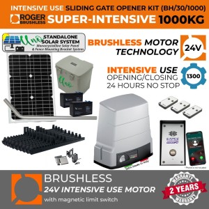 Solar Powered Brushless Sliding Gate Opener Standalone Off-Grid Phone Access Kit 1000 KG |100% Italian Made by Roger Technology BH30 Sliding/Roller Gate Automation System. 100% Duty Cycle, High Torque Brushless Super Intensive Use, 1 Ton Capacity Rolling Engine With Magnetic Limits Remote Controls, Reflective Safety Sensor and 4G GSM Audio Intercom Doorbell