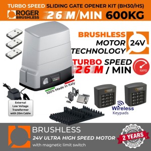 Brushless Sliding Gate Opener Super Secure 24V Kit|Turbo-Speed 100% Italian Made by Roger Technology Rolling/Sliding Gate Automation System BH30/604/HS. Ultra High-Speed, 100% Duty Cycle 600kg Brushless High Torque Sliding Engine With Magnetic Limits, Remote Controls, Reflective Safety Sensor, Two Wireless Keypad Access Controls and Weatherproof External 24V Transformer with 20m Low Voltage Cable
