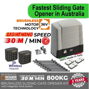 Lightning Speed (50cm/s), Brushless 36V, 800kg, Sliding Gate Opener Super Secure Kit|100% Italian Made by Roger Technology BG30/804/HS Rolling Gate Automation System. Ultra-High ⚡ Speed 100% Duty Cycle 800kg Capacity Brushless 36V Sliding Gate Motor With Magnetic Limits, Remote Controls, Reflective Safety Sensor and Two Wireless Keypad Secure Access Control