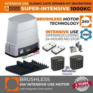 1000 KG High Torque Brushless Sliding Gate Opener Super Secure Kit |100% Italian Made by Roger Technology Super Intensive Use BH30 Sliding/Roller Gate Automation System. 100% Duty Cycle, 1 Ton Capacity Rolling/Sliding Gate Brushless Motor With Magnetic Limits, Remote Controls and Two Wireless Keypad Secure Access Control