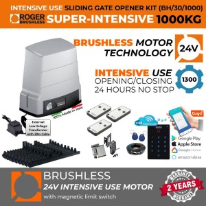 1000 KG Brushless Sliding Gate Opener Wi-Fi Access Control, 24V Low Voltage Power Kit |100% Italian Made by Roger Technology BH30 Sliding/Roller Gate Automation System. Super Intensive Use, 100% Duty Cycle 1 Ton Capacity Brushless High Torque Sliding Gate Motor With Magnetic Limits, Remote Controls, Wi-Fi Keypad Smart Secure Access Control and Weatherproof External 24V Transformer with 20m Cable.