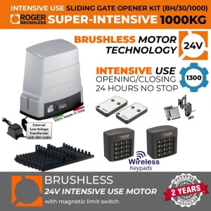 1000 KG High Torque Brushless Sliding Gate Opener Super Secure Kit 24V (LV) |100% Italian Made by Roger Technology BH30 Sliding/Roller Gate Automation Low Voltage System. 100% Duty Cycle, High Torque Brushless Super Intensive Use, 1 Ton Capacity Rolling Engine With Magnetic Limits, Remote Controls, Two Wireless Keypad Secure Access Control and Weatherproof External 24V Power Transformer with 20m Cable
