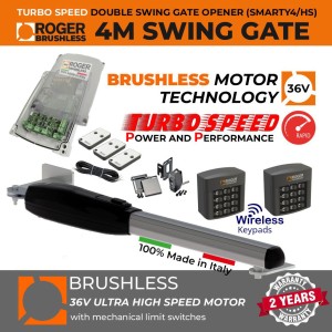 Brushless 36V Turbo-Speed Single Swing Gate Opener Kit | 100% Italian Made by Roger Technology SMARTY4/HS Brushless Swing Gate Motor for Max. 4M or 400KG Gate Leaf. Ultra High-Speed, 100% Duty Cycle, High Torque, Mechanical Stopper in Opening and Closing Limits, Remote Controls, Reflective Safety Sensor, Two Wireless Keypads. APC Single Swing Gate Automation, Super Secure Access Controls System.
