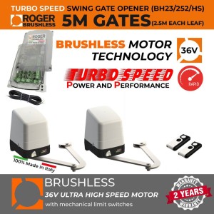 Turbo Speed Brushless Articulated Arm Swing Gate Automation Smart Home Kit with 100% Italian Made by Roger Technology BH23/252/HS Swing Driveway Gate Opener Irreversible Electric Gate Motor, Remote Controls | Ultra High-Speed 100% Duty Cycle Brushless Engine With Mechanical Stopper in Opening and Closing Limits | Max. 5m Double Swing Gate Opening (2.5M or 250KG Each Leaf) | Super Intensive Use