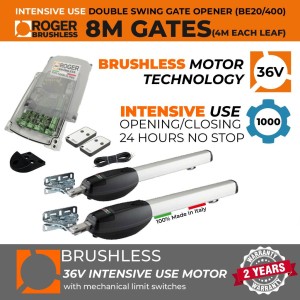 Italian-Made Roger Technology 36V Brushless Swing Gate Automotion System | Max. 8m Opening (4M or 400KG Each Leaf) | Super Intensive Use