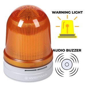 The WERMA D120 Flashing Warning Light with Permanent/Rotate/Flash/Blink/Sounder/Buzzer is a visual and audible signalling device that combines a beacon with a sounder, operating on a 24V DC power supply. | Rating IP66 |
