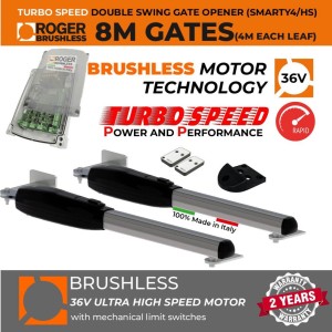 Italian-Made Roger Technology 36V Brushless Ultra High-Speed Swing Gate Motor, 8m Opening (4M or 400KG Each Leaf), Super Intensive Use