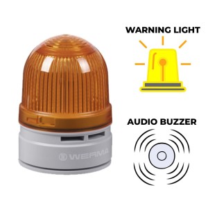 The WERMA D62 Flashing Warning Light with Permanent/Flash/Sounder/Buzzer is a visual and audible signalling device that combines a beacon with a sounder, operating on a 24V DC power supply. | Rating IP66 |