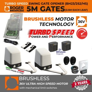 Turbo Speed Brushless Articulated Arm Swing Gate Automation Super Secure Kit with 100% Italian Made by Roger Technology BH23/252/HS Swing Driveway Gate Opener Irreversible Electric Gate Motor, Two Wireless Keypads, Remote Controls, Photocells Safety Sensor, Flashing Safety Light with Integrated Antenna and Cables | Ultra High-Speed 100% Duty Cycle Brushless Engine With Mechanical Stopper in Opening and Closing Limits | Max. 5m Double Swing Gate Opening (2.5M or 250KG Each Leaf) | Super Intensive Use