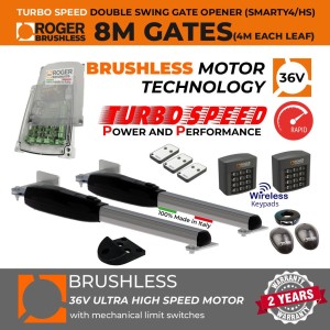 Italian-Made Roger Technology 36V Brushless Ultra High-Speed Swing Gate Motor, 8m Opening (4M or 400KG Each Leaf), Super Intensive Use