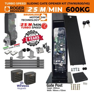 Invisible Sliding Gate Operator Super Secure Kit | Sleek, Secure, Space-Saving, and High-Speed Gate Opener Motor Hidden Inside the Gate Post for a Clean, Modern Look. No Limits Required | Turbo Speed Brushless Sliding Gate Motor | 100% Italian Made by Roger Technology TW90/600/HS Sliding Gate Automation System. Featuring a 100% Duty Cycle 600kg Brushless In-Post Invisible Sliding Gate Motor, Custom-Designed Pre-Made Gate Post, Remote Controls, Reflective Safety Sensor, and Two Wireless Keypad Secure Access Controls.