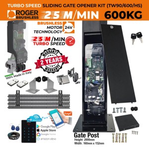 Invisible Sliding Gate Operator with Wi-Fi Smart Access Control | In-Post Sliding Gate Opener | Sleek, Secure, Space-Saving and High Speed Gate Opener Motor Hidden Inside The Gate Post For A Clean, Modern Look. No Limits Required | Turbo Speed Brushless Sliding Gate Motor |100% Italian Made by Roger Technology TW90/600/HS Sliding Gate Automation System. With 100% Duty Cycle 600kg Brushless In-Post Invisible Sliding Gate Motor, Custom Designed Pre-Made Post,  Remote Controls, Reflective Safety Sensor and APC MONDO Wi-Fi Keypad Access Control