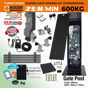 Invisible Sliding Gate Opener Wi-Fi Smart Access Control Kit, Including Pre-Made Post and Weatherproof External 24V Transformer with 20m Low Voltage Cable | Sleek, Secure, Space-Saving, and High-Speed Gate Opener Motor Hidden Inside the Post for a Clean, Modern Look. No Limits Needed | Turbo Speed Brushless Sliding Gate Motor | 100% Italian Made by Roger Technology, TW90/600/HS Sliding Gate Automation System with 100% Duty Cycle, 600kg Capacity, Brushless In-Post Invisible Sliding Gate Motor, Custom-Designed Pre-Made Gate Post, Remote Controls, Reflective Safety Sensor, and APC MONDO Wi-Fi Keypad Access Control.