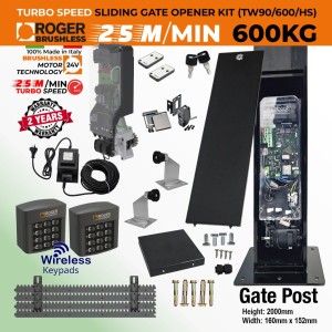 Invisible Sliding Gate Operator Super Secure Kit with pre-made post and weatherproof external 24V transformer with 20m low-voltage cable. Sleek, secure, space-saving, and high-speed gate opener motor hidden inside the gate post for a clean, modern look. No limits required. Turbo speed brushless sliding gate motor. 100% Italian-made by Roger Technology TW90/600/HS sliding gate automation system with 100% duty cycle, 600kg capacity. Features include a brushless in-post invisible sliding gate motor, custom-designed pre-made gate post, remote controls, reflective safety sensor, and two wireless keypad secure access controls.