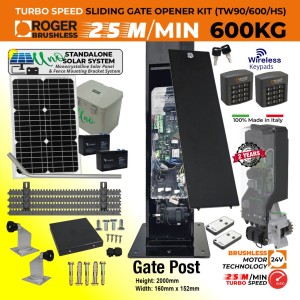 Solar Powered Invisible Sliding Gate Opener Super Secure Kit With Custom-Designed Pre-Made Gate Post, In-Post Turbo Speed Brushless Sliding Gate Motor, Standalone Solar Power System, Remote Controls, Reflective Safety Sensor, and Two Wireless Keypad Secure Access Controls | No Limits Required | 100% Italian Made by Roger Technology TW90/600/HS 100% Duty Cycle 600kg Sliding Gate Automation System