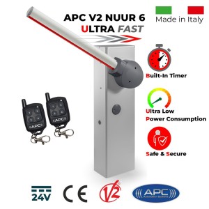 Boom Gate / Parking Barrier Boom Gate, Car Parking Access Control APC V2 NUUR 6 . Universal Boom Gate Ultra High-Speed 24V DC, 6 Meter Barrier Made in Italy, Two Key Chain Remote Control