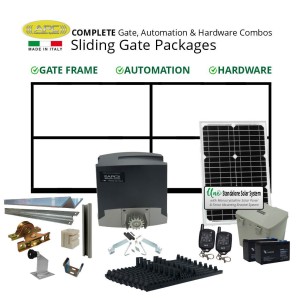 Solar Gate Automation with 3.5m Gate Frame Including Hardware Combo Package. Italian Made Sliding Gate Opener, Gate Frame, Hardware, Solar Panel, and Batteries