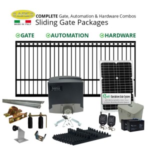 Solar Gate Automation and 4m Ring Top Sliding Gate Combo Package. Heavy Duty Italian Made Sliding Gate Opener System Including Gate, Hardware, Solar Panel, and Batteries