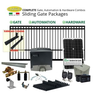 Solar Gate Automation 4.9m Ring Top Gate Combo Package (4.5m Ring Top Gate + 0.4m Gate Extension) including Hardware, Sliding Gate Opener, Solar Panel, and Batteries