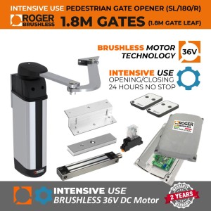 Pedestrian Gate Automation Kit with 36V Brushless Gate Motor with 280KG Magnetic Lock and Electromagnetic Power Relay | Super Intensive Use | 100% Italian Made by Roger Technology, SLED Series SL/180/R Swing Gate Motor,  IPU 36V Swing Gate Digital Control Board with On-board Inverter. Remote Control Pedestrian Gate Automation System.