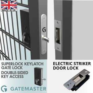 Electric Striker and Superlock Keylatch Gate Lock Package | Gatemaster Superlock Keylatch Gate Lock Suited for Frame Thickness of 40-60mm| Double-Sided Key Access | Bolt-On Locks for Metal Gates, Keyed Gate Locks | Flush Mount Universal Stainless Steel Face Electric Striker