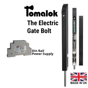 Electric Drop Bolt Lock with Din Rail Power Supply | Heavy-Duty Stainless Steel Black Powder-Coated Motorised Tomalok 24V Drop Bolt for Swing Gates | 150mm Stroke, 20mm Diameter Stainless Steel Pin, Inbuilt Battery Backup | The Electric Gate Bolt - Tomalok and Din Rail Power Supply (100-240VAC Input 0.88A and 24V Output 0.5A)