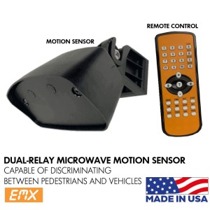 Dual-Relay Microwave Motion Sensor with Remote Control. Distinguish Between Vehicles and Pedestrians. | EMX-RAVEN Motion Sensor and Remote Control Package | Made in USA