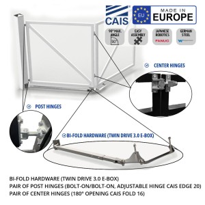 Bi-Fold Swing Gate Hardware with Adjustable Post Hinges and Central Hinges | The bi-fold twin drive swing gate hardware offers a space-saving installation solution, without any welding for hinges. All-in-one Box Bi-Fold Made in Europe by CAIS. | Gates are not included.
