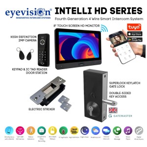 Smart WiFi Intercom System with Stainless Steel Electric Gate Door Striker and Keylatch Gate Lock | Eyevision® Intelli HD Series 120° 2MP HD Intercom Camera Keypad (Swipe Tag Reader) Outdoor Station with 8" HD Monitor With Built-In WiFi For Smartphone APP | Fourth Generation 4 Wire Intercom, Electric Striker and Gatemaster Superlock Keylatch Gate Lock Access Control Systems | Gatemaster Superlock Keylatch Gate Lock Suited for Frame Thickness of 40-60mm | Double-Sided Key Access | Bolt-On Locks for Metal Gates, Keyed Gate Locks.