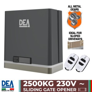 2500kg Super Duty Sliding Gate Automation 230V AC Motor with All-Metal Gear and Magnetic Limits, with 2 Remote Controls | Italian Made by DEA, Strong Automatic Gate Opener System Ideal for Sloped Driveways.