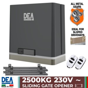 2500kg Super Duty Sliding Gate Automation 230V AC Motor with All-Metal Gear and Magnetic Limits, with 2 Remote Controls and Gear Racks| Italian Made by DEA, Strong Automatic Gate Opener System Ideal for Sloped Driveways.