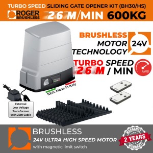 Brushless Sliding Gate Opener 24V Kit|Turbo-Speed 100% Italian Made by Roger Technology Rolling/Sliding Gate Automation System BH30/604/HS. Ultra High-Speed, 100% Duty Cycle 600kg Brushless High Torque Sliding Engine With Magnetic Limits and Weatherproof External 24V Transformer with 20m Low Voltage Cable