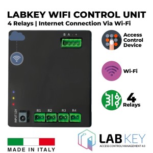 Wi-Fi Access Control unit with four relays, to be paired with up to 8 control devices, capable of managing up to 4 access points. Internet connection via Wi-Fi with an advanced cloud-based access management tool. Made in Italy by LabKey