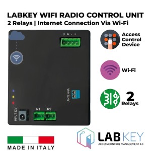 Advanced Access Control and Management With The LabKey Wi-Fi Control Unit Features Two Relays and a Radio Module for Wireless Connection. It can be connected with up to four control devices, managing up to two access points. Internet connection via Wi-Fi with an advanced cloud-based access management tool. Made in Italy by LabKey