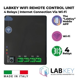 Wi-Fi Access Control unit with four relays, capable of managing up to 4 access points. Mobile Application Remote Control With a Virtual Keypad. Network connection via Wi-Fi. Includes an advanced cloud-based access management administration tool. Made in Italy by LabKey
