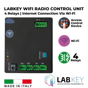 Advanced Access Control and Management With The LabKey Wi-Fi Control Unit Features 4 Relays and a Radio Module for Wireless Connection. It can be connected with up to 8 control devices, managing up to 4 access points. Network connection via Wi-Fi. Includes an advanced cloud-based access management administration tool. Made in Italy by LabKey