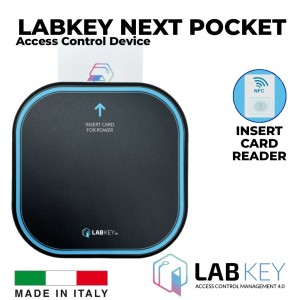 NFC Card Holder Advanced Access Management with Cloud-Based Access Management Software | NFC device features a built-in badge holder. LabKey Next Tasca NFC is the most efficient system for managing electrical appliances such as lights, air conditioning, and televisions in hospitality facilities.