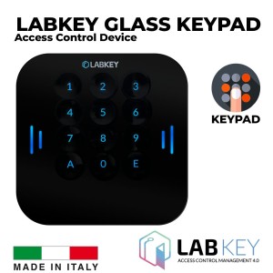 Keypad Command Device with Tempered Glass Design, featuring a 12-key Alphanumeric Keypad with Backlit Touch Screen Keys. Glass Keypad for Central Access Control Made in Italy by LabKey. The classic and reliable option with a touch of class.